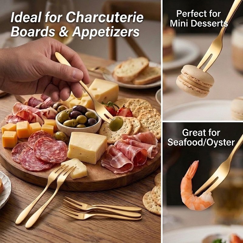 Mafier 12 Pcs Fruit Forks, SUS304 Stainless Steel Dessert Forks, 5.51 Inch Small Appetizer Forks Gold, Two-Prong Cocktail Forks for Cake, Pastry, Charcuterie Board, Tasting Forks, Dishwasher Safe