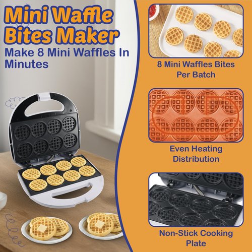 StarBlue Mini Waffle Bites Maker with FREE Waffle Tongs - 8 x 2” Tiny Waffle Bites, Non-Stick, Fast Heating, Perfect for Kids’ Breakfast, Snacks, Compact & Easy to Clean, White, 120V 60Hz 750W