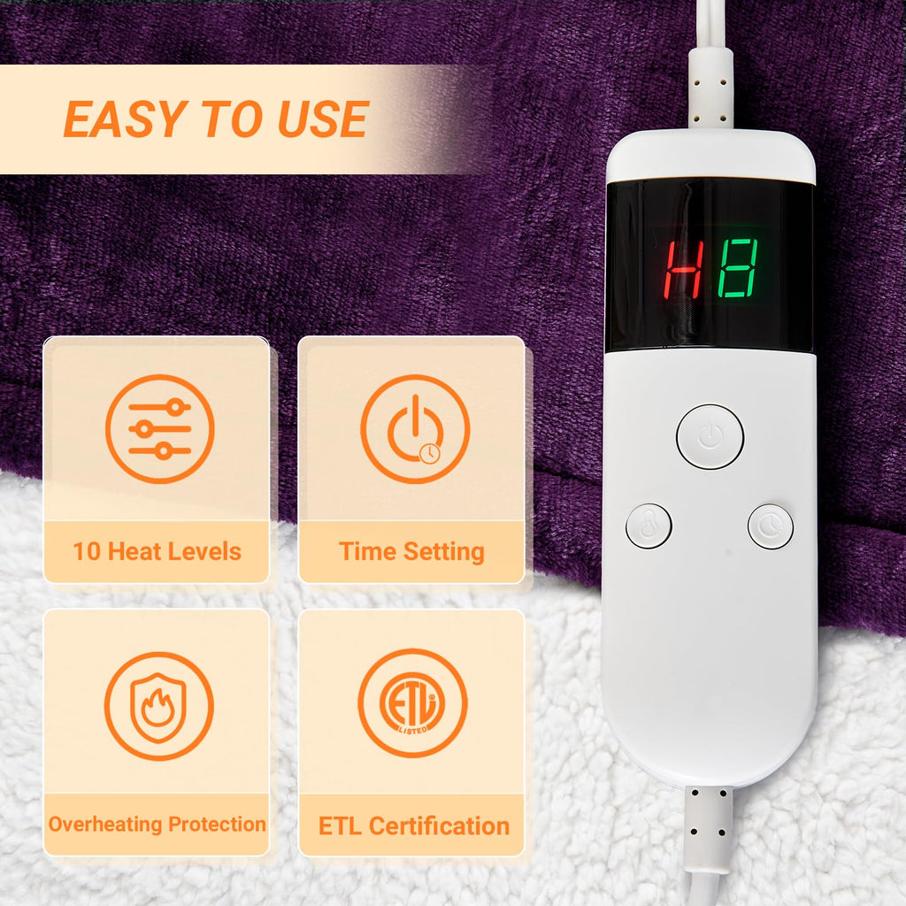Electric Blanket Heated Throw, Soft Flannel Heating Blanket with 8 Hours Auto Off 10 Fast Heating Levels Machine Washable Sherpa Heated Blanket with Overheating Protection