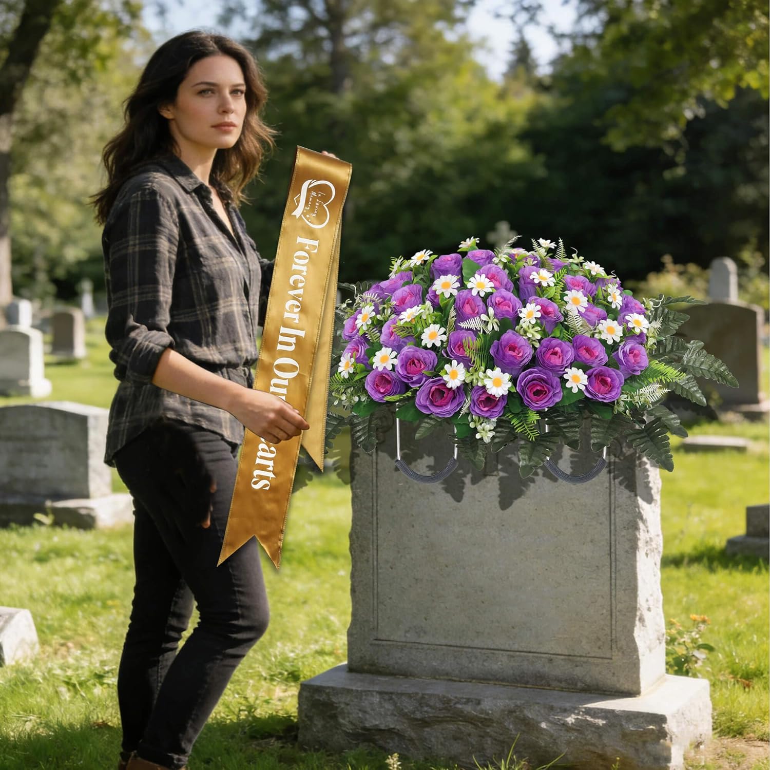 Regine Switzerland Elegant Funeral Wreath Sash - Forever in Our Hearts Memorial Ribbon (Golden)