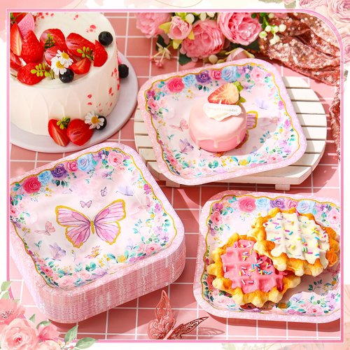 Potchen 100 Pcs Butterfly Dessert Plates Bulk 7 x 7 Inch Disposable Pink Butterfly Paper Plates Square Gold Foil Dessert Plates for Butterfly Spring Party Decor Supplies