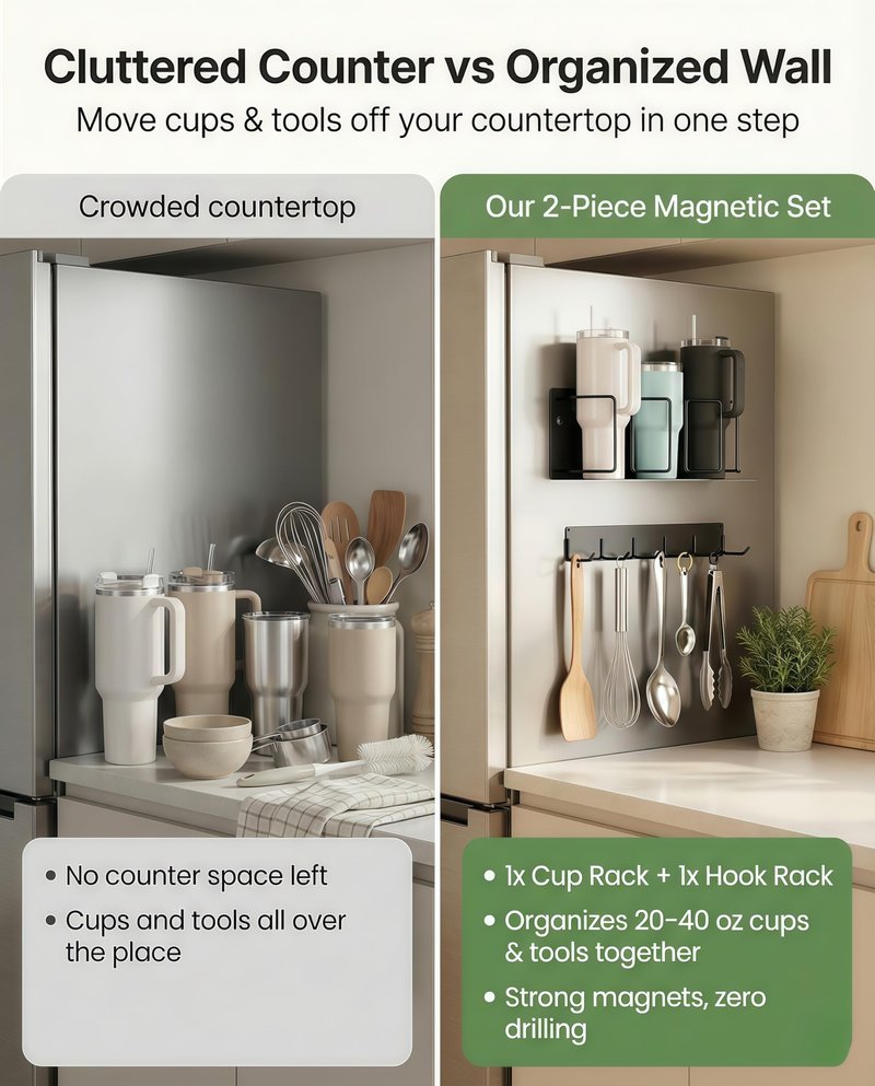 Magnetic Cup Holder for Fridge (2-Pack) – Compatible with Stanley Quencher H2.0 & Yeti 20–40oz Tumblers – Heavy-Duty 18LB Full-Magnet Drink Holder with Utility Hook Rack for Kitchen or Garage