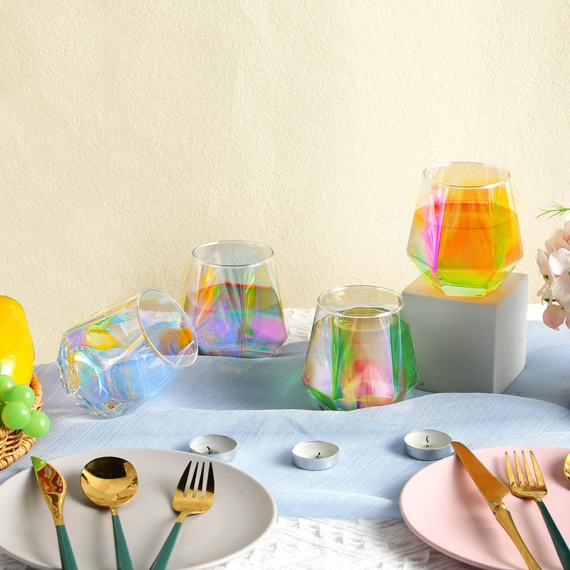 Zopeal Set of 12 Iridescent Stemless Wine Glass 10.5 oz Rainbow Glassware Cup for Cocktail Whiskey Christmas Wedding Birthday Party Home Bar Housewarming Gift