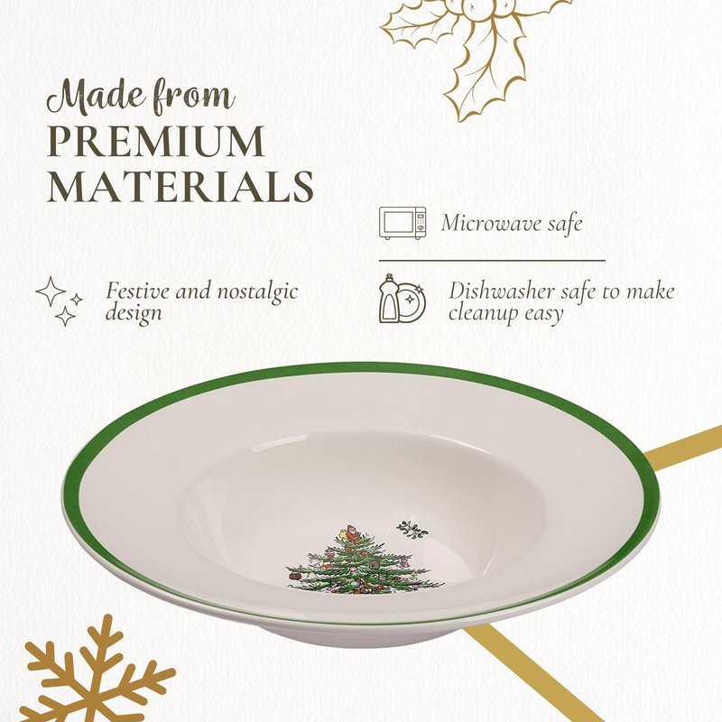 Spode Christmas Tree Pasta Bowl - Set of 4, Rimmed Plate for Serving Salad, Spaghetti & Soup, 10-Inch, Made of Porcelain, Dishwasher, Microwave & Freezer Safe, Dinnerware Set