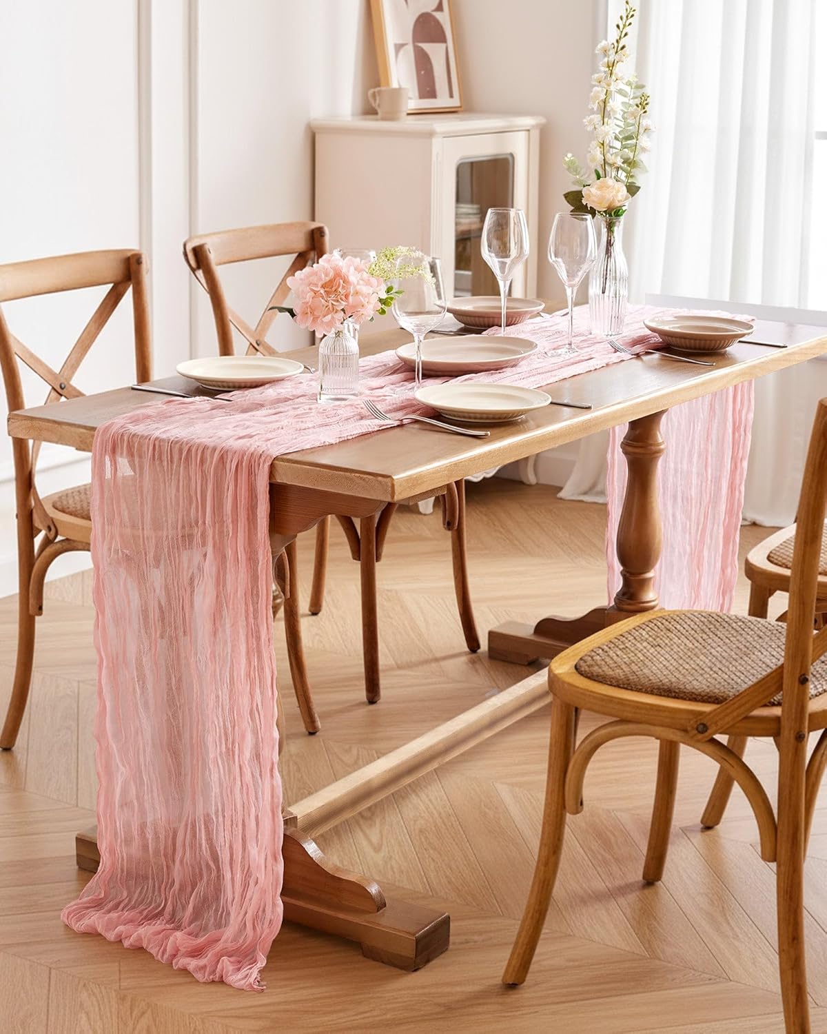 Pureegg Cheesecloth Table Runner - 2-Pack 120'' Dusty Pink Boho Table Cloth for Weddings & Parties