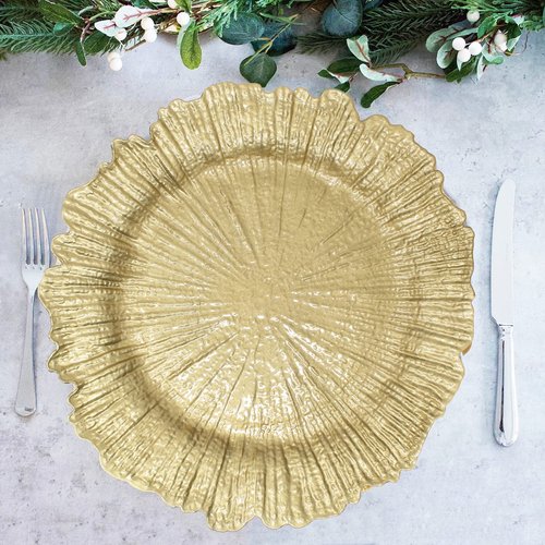 Ms Lovely Plastic Reef Charger Plates Glossy Finish - Set of 6 - Thick and Reusable - Gold Color