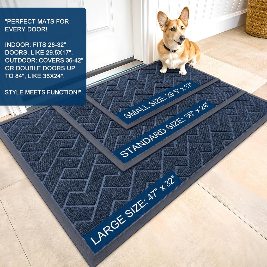 OLANLY Waterproof Front Door Mat - All-Season Indoor/Outdoor Doormat | Sturdy Natural Rubber, Herringbone Brick (Blue, 29.5x17)