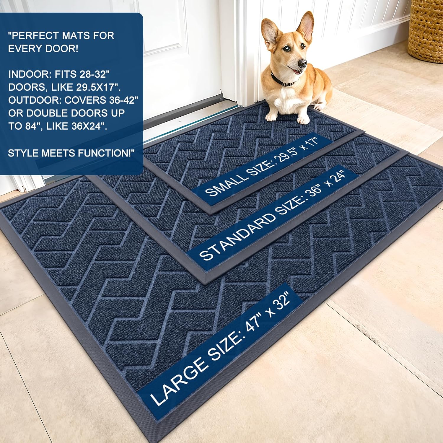 OLANLY Waterproof Front Door Mat - All-Season Indoor/Outdoor Doormat | Sturdy Natural Rubber, Herringbone Brick (Blue, 29.5x17)