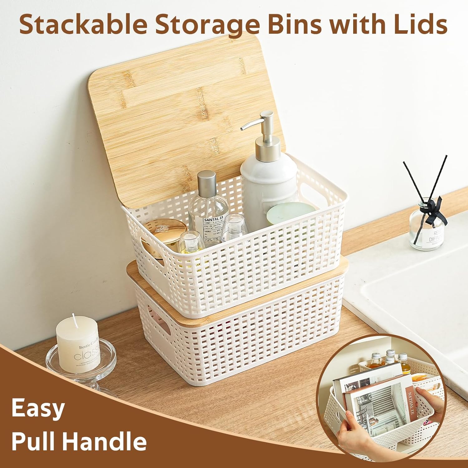 Skiennix 8-Pack Plastic Storage Bins - Stackable Baskets with Bamboo Lids for Pantry Organization