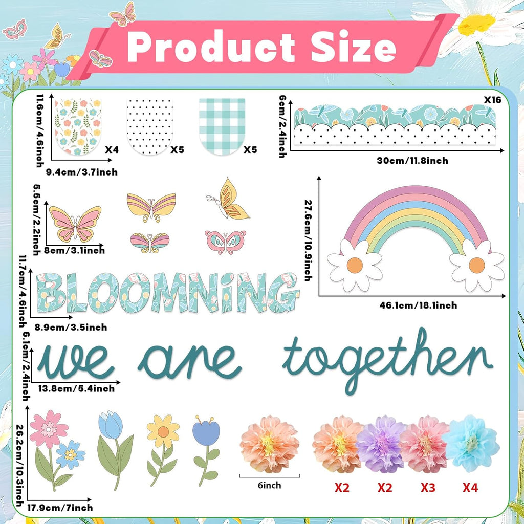 Skiennix Flower Bulletin Board Decorations - 3D Tissue Paper Pompoms & Butterfly Cutouts | Floral Classroom Decor
