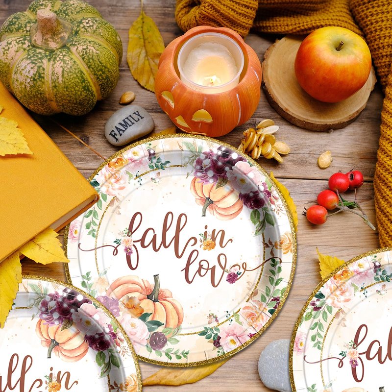 HAKOTI Fall in Love Party Decorations 48Pcs Fall Paper Plates Pumpkin Floral Theme Disposable Dessert Paper Plates Set for Fall Bridal Shower Wedding Anniversary Party（7Inch）