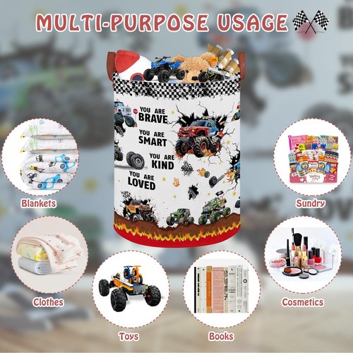 Monster Trucks Laundry Hamper Basket Kid Gift Toy Bin Empty Car Nursery Decor Hamper,Storage Basket Collapsible Clothes Book Organizer Bin for Boy,Easter Gift (Monster Trucks-Fire)