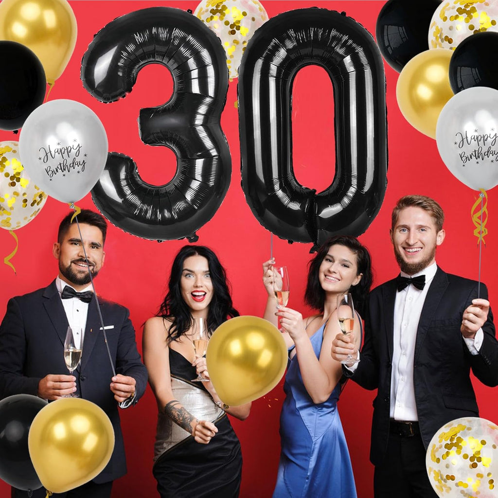 Skiennix 30th Birthday Decorations - 40-Inch Number Balloons & 18 Pcs 12-Inch Balloons for Men & Women