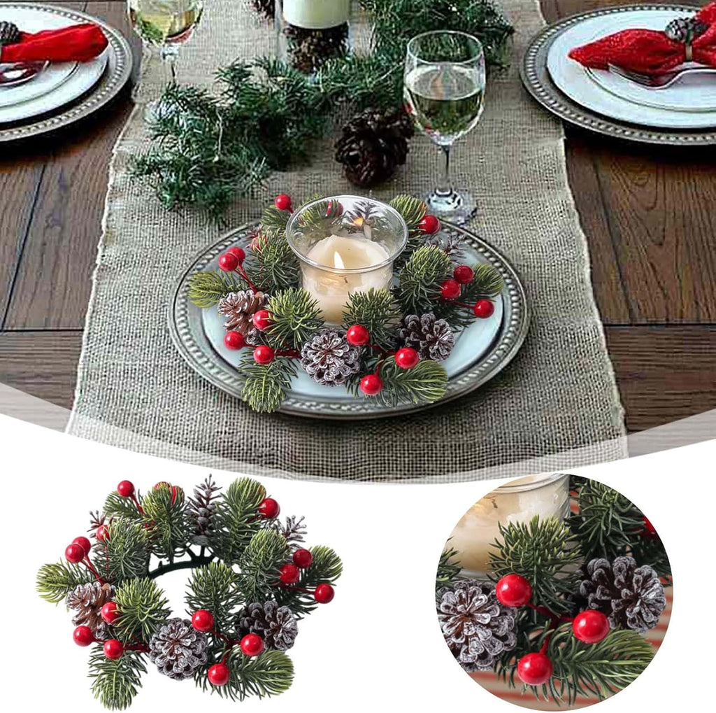 Skiennix Christmas Candle Rings - Artificial Berries & Pinecones Wreaths | 3-Inch Centerpiece for Holiday Decor (Set of 2)