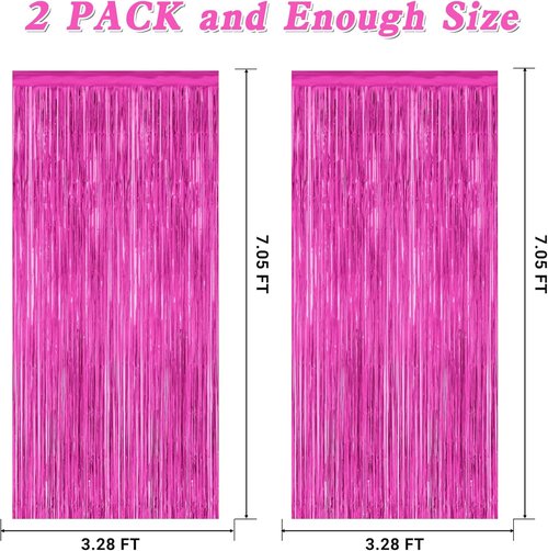 Hot Pink Party Decorations by [Brand Name] - 2 Pack Metallic Foil Backdrop | 3.28 FT x 7.05 FT Tinsel Curtains