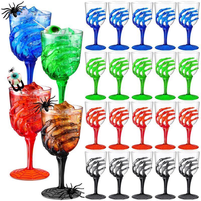 Sliner 24 Pcs Halloween Skeleton Hand Plastic Goblets 12 oz Spooky Skeleton Hand Goblets Halloween Wine Glasses Champagne Glassware Creepy Clear Cups for Party Haunted House, 4 Color
