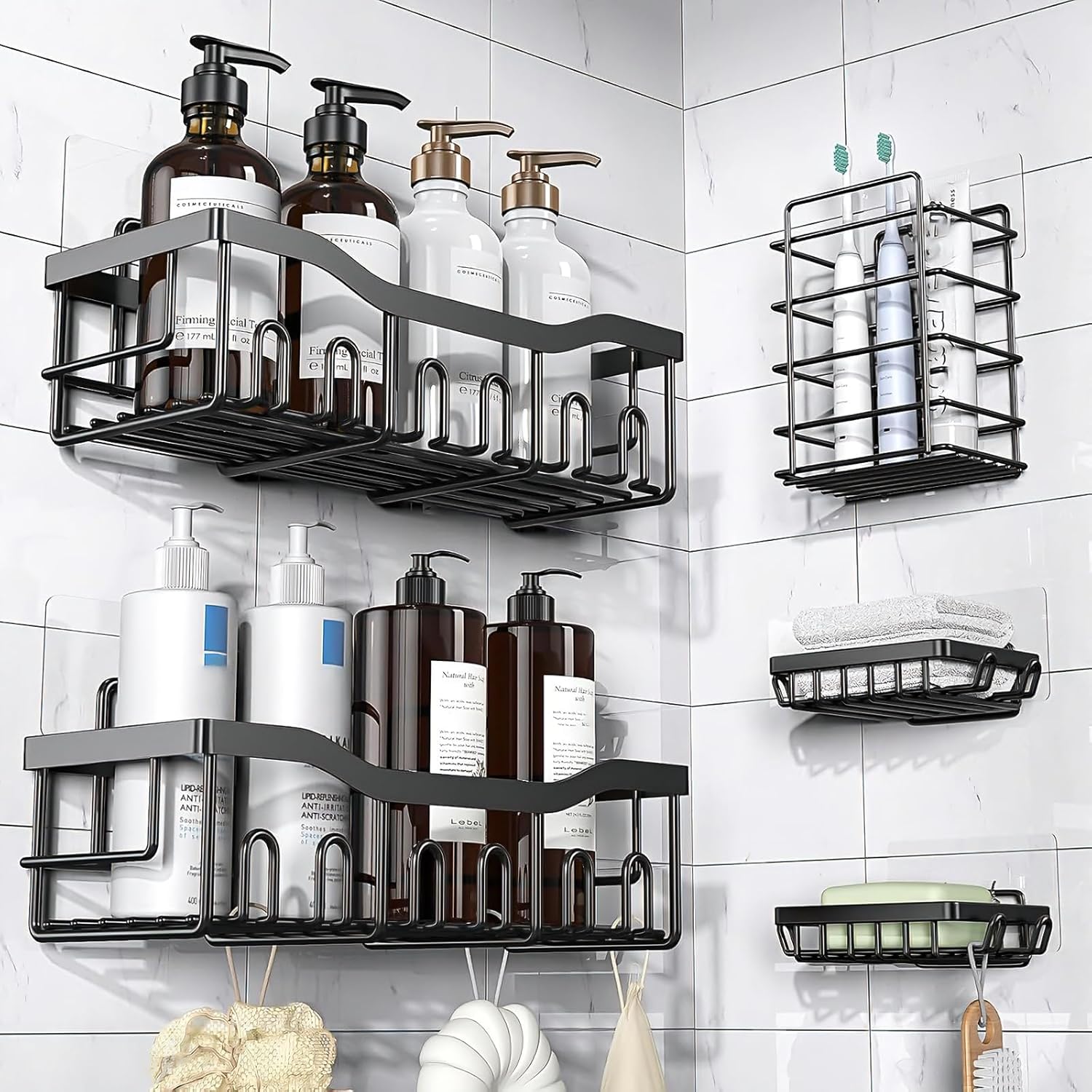 Shower Caddy Adhesive Hooks by [Brand Name] - Strong Waterproof Strips for No-Drill Bathroom & Kitchen | Transparent - 14 Pack