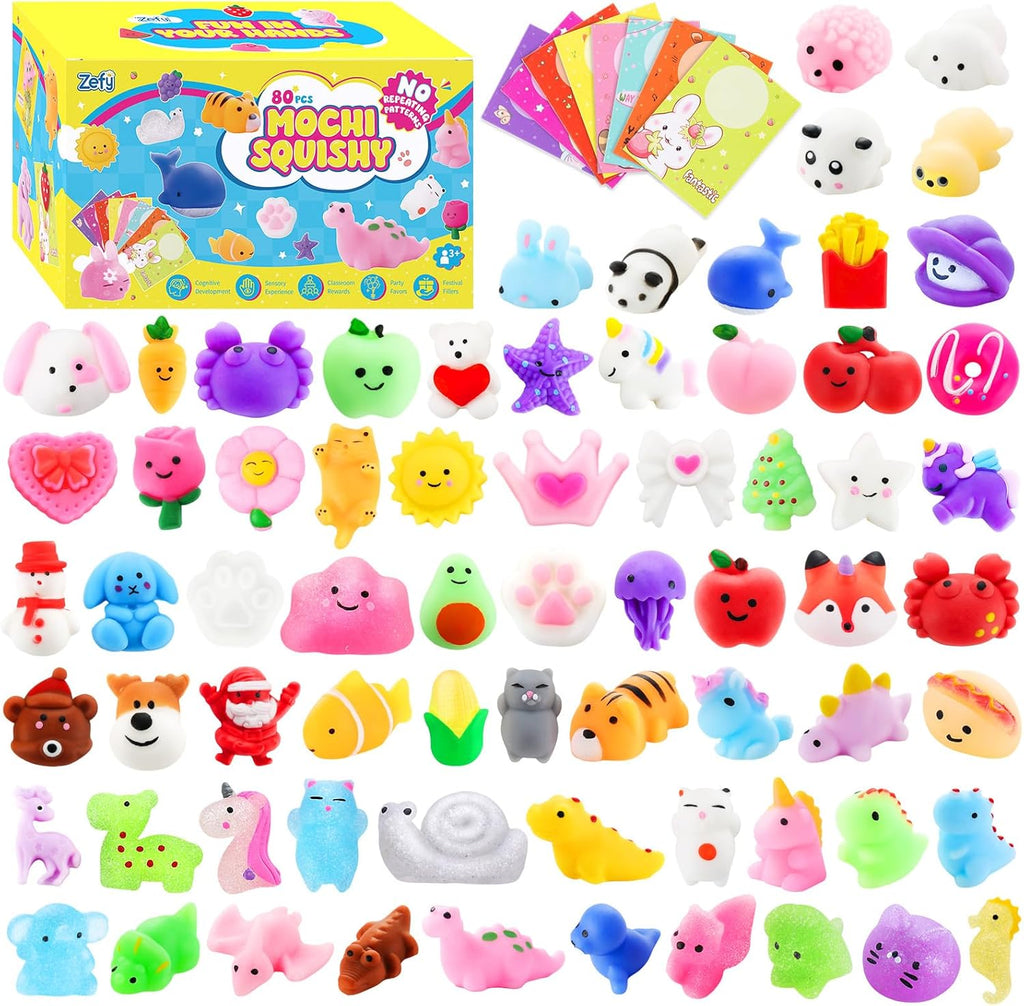 Zefy 80 Pcs Mochi Squishy Toys - Fun Fidget Toys for Kids | Perfect Valentine Party Favors & Classroom Prizes