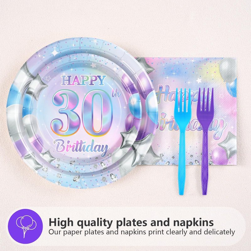 Grencian 96Pcs 30th Birthday Decorations Iridescent 30th Birthday Party Plates Disposable 350GSM Sweet 30 Years Paper Tableware Set for Women 30 Years Old Party Supplies Serves 24