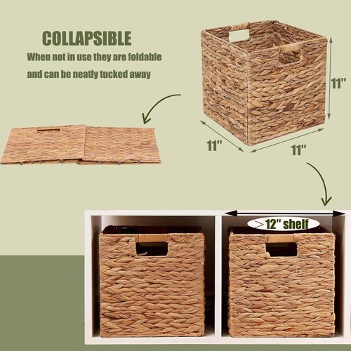Handwoven Water Hyacinth Storage Baskets - 4 Pcs Foldable Square Bins for Laundry Organization | 11x11in
