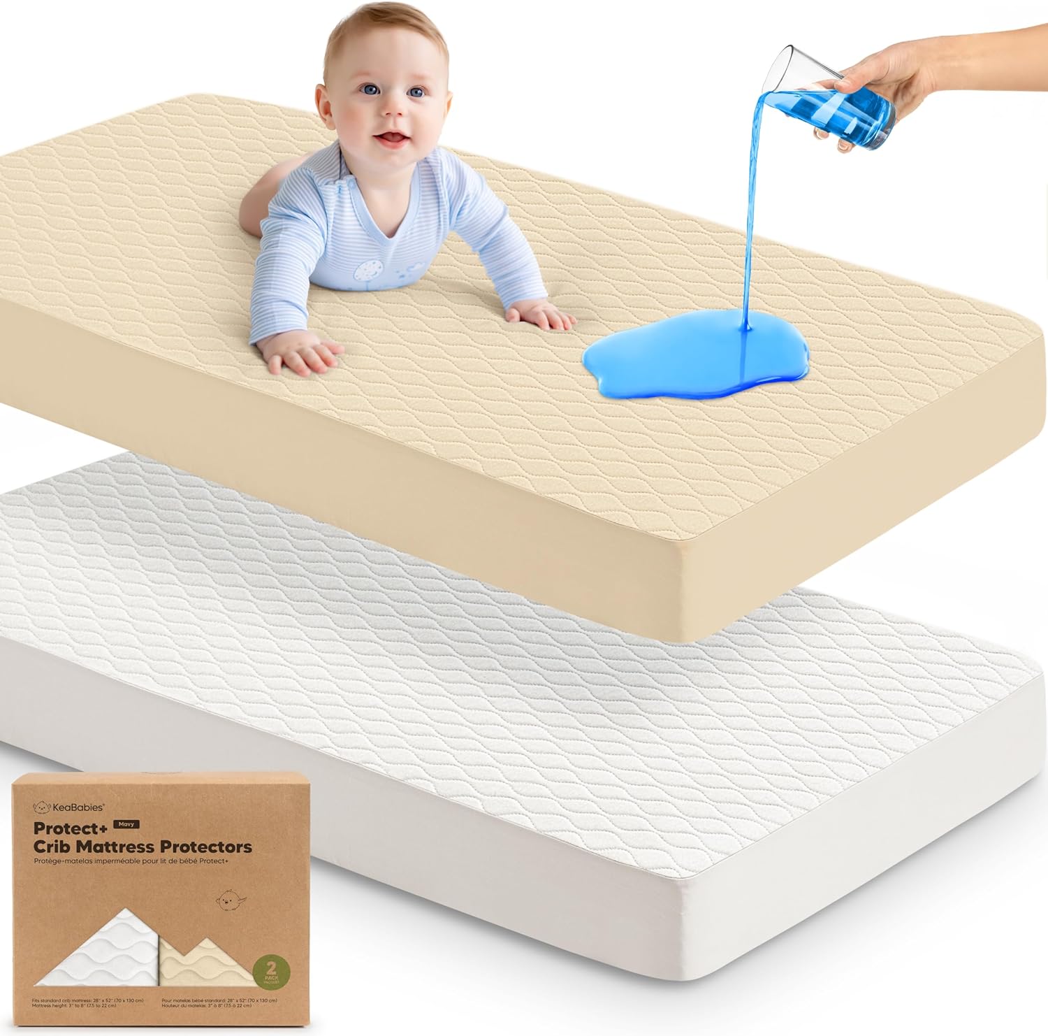 Skiennix 2-Pack Waterproof Crib Mattress Protector - Soft Quilted Cotton, Machine Washable, 52" x 28" (Khaki/Mavy)