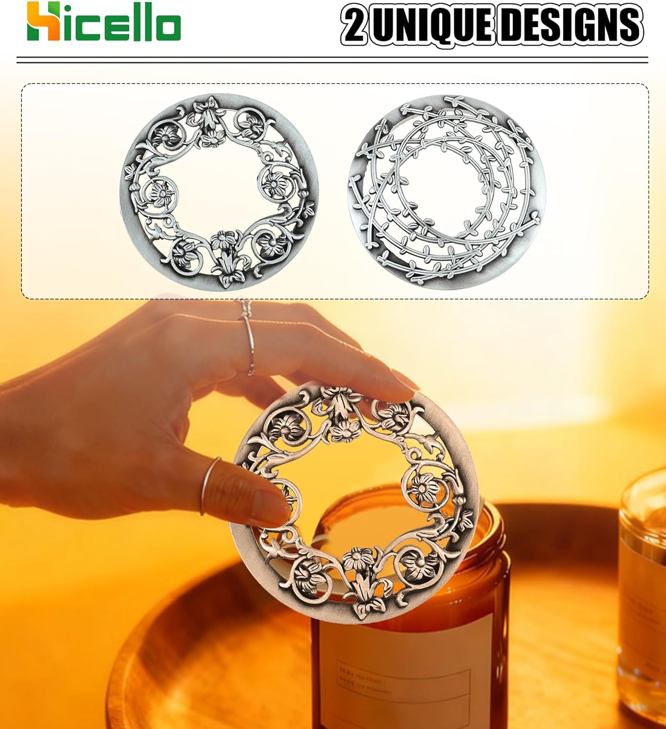 Skiennix Candle Toppers - Set of 2 Silver Metal Lids with Floral Design | Fits 80mm Yankee Candles