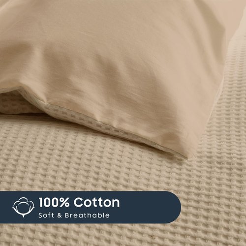 Wake In Cloud - Waffle Cotton Comforter Set, 100% Cotton Fabric Bedding, Waffle Weave Knit Textured Neutral Farmhouse Soft Lightweight, 3 Pieces, Tan, Queen Size