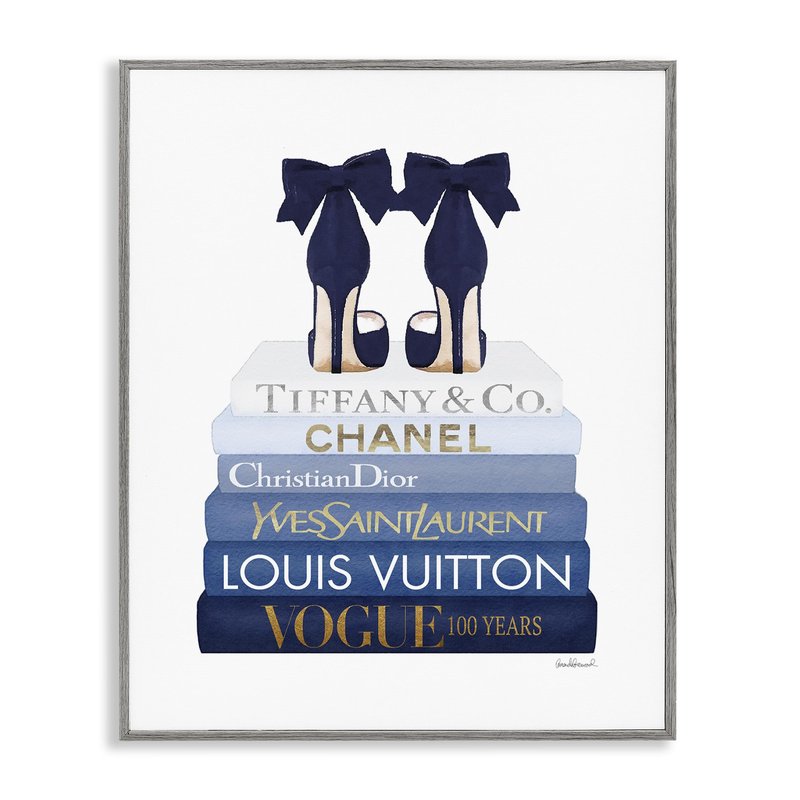 Stupell Industries 'Navy Blue Heels Chic Bookstack', Framed Giclee Art, Gray, 16 x 20 Inches, Easy to Hang and Sturdy, Made in USA, by Amanda Greenwood