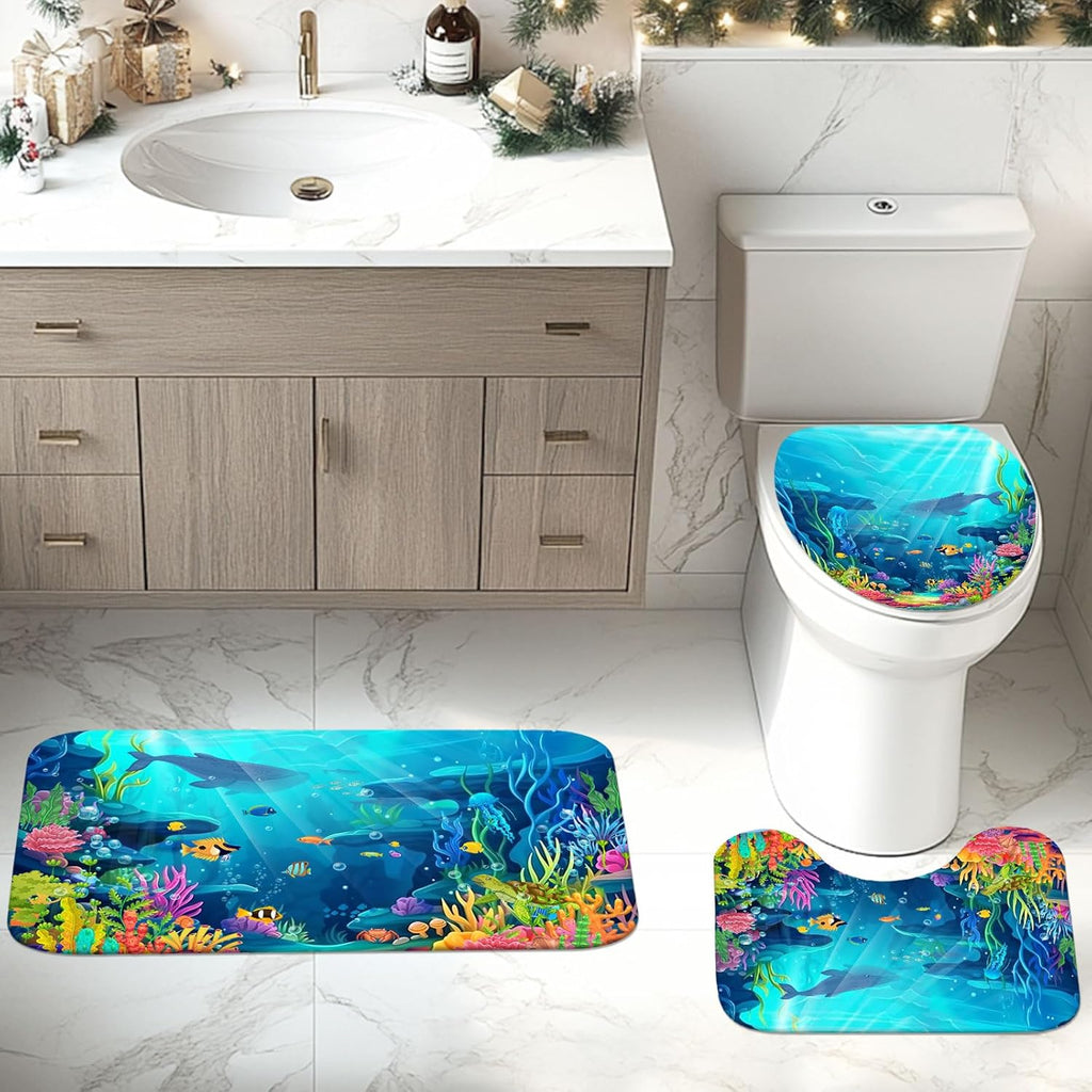 Skiennix Ocean Shower Curtain Set - Tropical Underwater World Design with Non-Slip Bath Rugs & Toilet Lid Cover | 4-Piece Kids Bathroom Decor