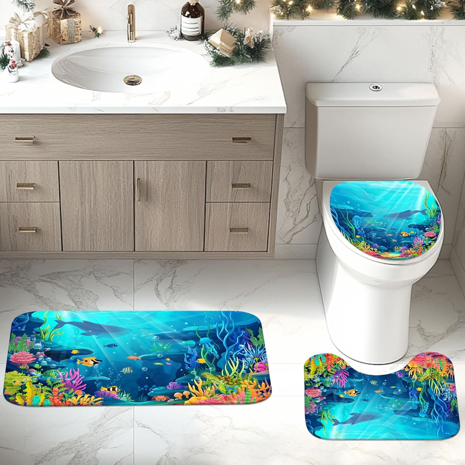 Skiennix Ocean Shower Curtain Set - Tropical Underwater World Design with Non-Slip Bath Rugs & Toilet Lid Cover | 4-Piece Kids Bathroom Decor
