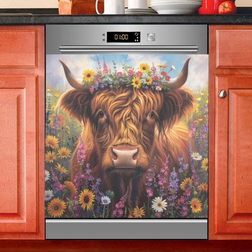 Highland Cow Summer Flowers Dishwasher Magnet Cover Sticker Magnetic Refrigerator Panel Front Door Fridge Microwave Decal