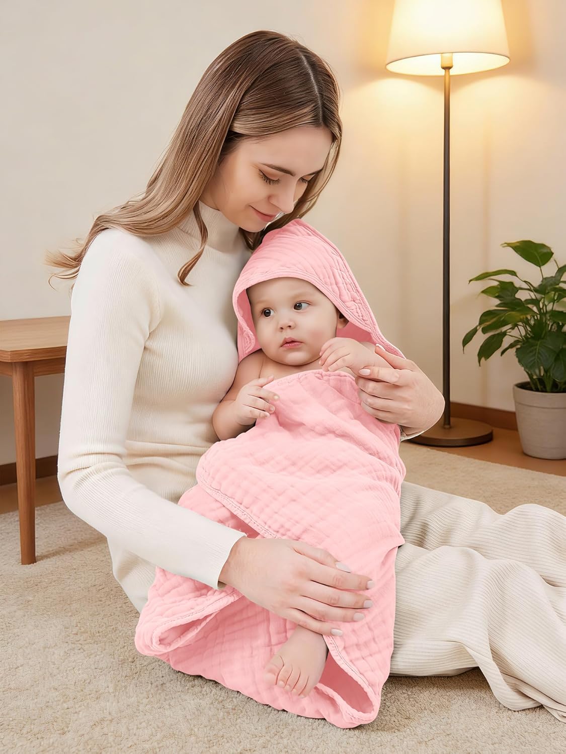Muslin Hooded Baby Bath Towels - Ultra-Soft 100% Cotton | 3 Pack for Newborns & Toddlers - 32x32 Inch, Quick-Dry Pink Series