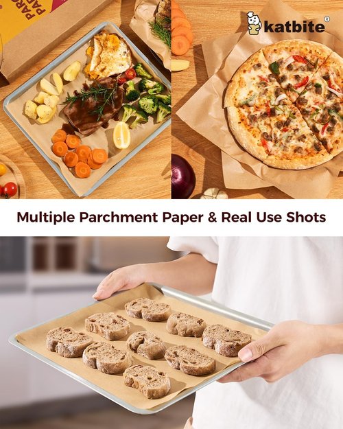 Katbite Unbleached Parchment Paper - 200 Pcs Precut 12x16 In | 15 In x 242 Ft Roll, 300 Sq.Ft for Baking