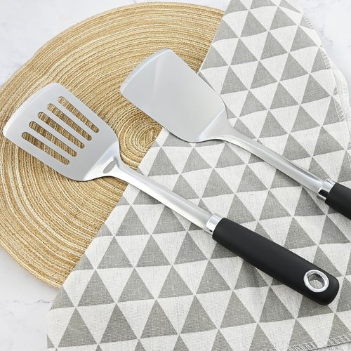 MUJINON 14-in Spatula Set, 18/0 Stianless Steel Heavy Duty Turner & Slotted Spatula, Kitchen Cooking Utensils Set, High Heat Resistant, Grilling Frying Serving Food, Pack of 2