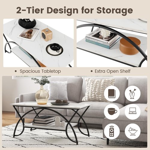 COSTWAY 2-Tier Coffee Table, Modern Faux Marble Accent Table with Storage and Black Finished Metal Frame, Chic Rectangular End Table for Living Room Office Lounge (White+Black)