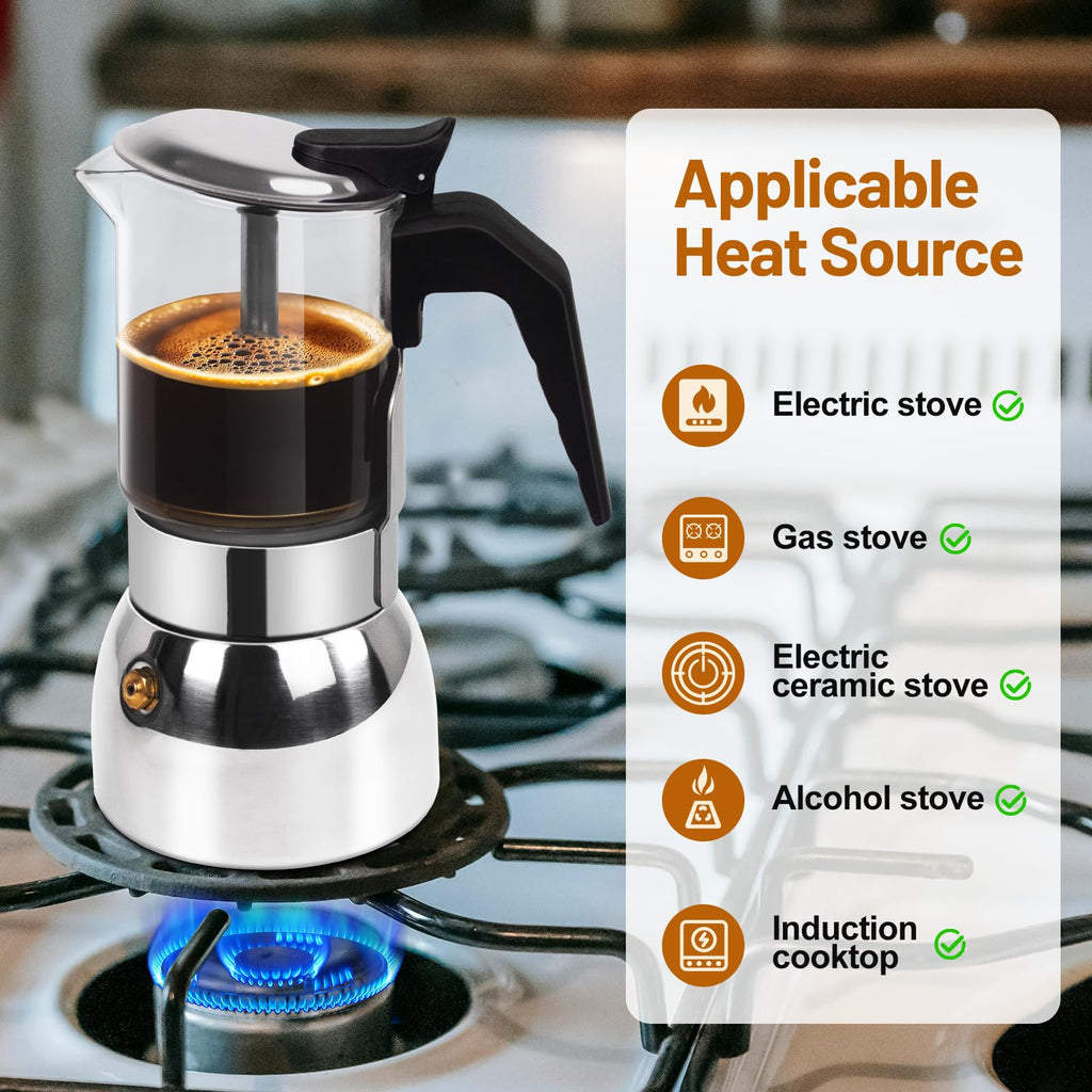 Vaolvpant 4 Cup Glass Clear Moka Pot Thickened 304 Stainless Steel Stovetop Espresso Maker Italian Coffee Machine 200ml 6.8oz Classic Mocha Cafe Greca Coffee Suitable for Gas Induction