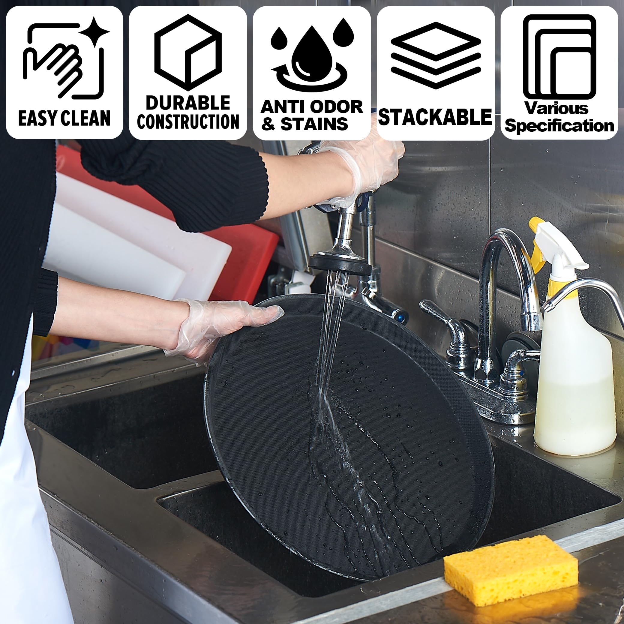 CURTA 2-Pack Restaurant Grade Non-Slip Tray, NSF, Oval 22-Inch x 27-Inch, Plastic Rubber Lined Round Serving Tray, Black