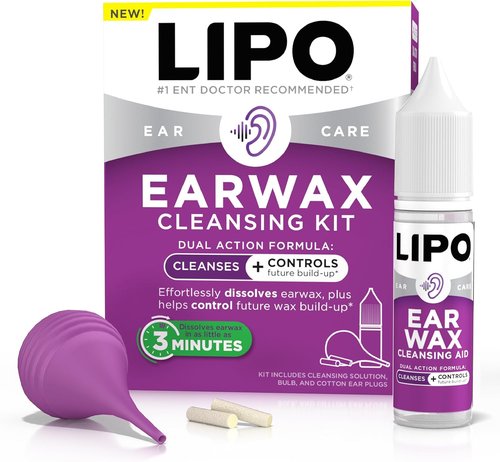 Lipo Earwax Cleansing Kit - Fast-Acting Earwax Removal Aid with Bulb Syringe & Cotton Plugs