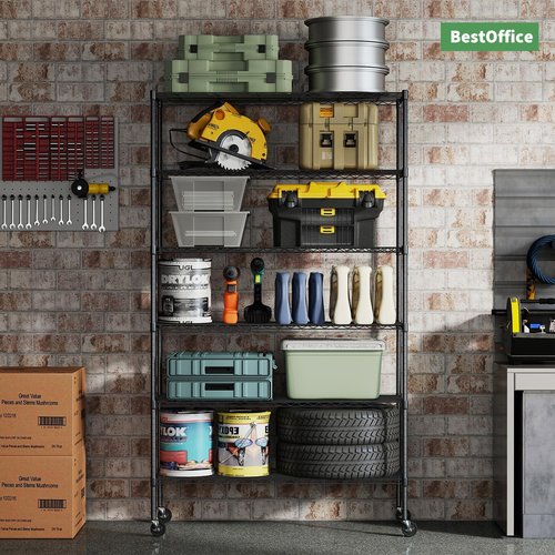 BestOffice 6-Tier Metal Storage Shelves - Adjustable Wire Shelving Unit with Wheels | 2100 lbs Capacity, Black