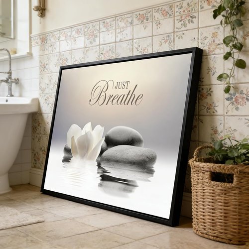 MKCIPJWC Zen Stone Wall Art - Just Breathe Yoga Quotes Canvas Print | Black Framed 12x16 Inch