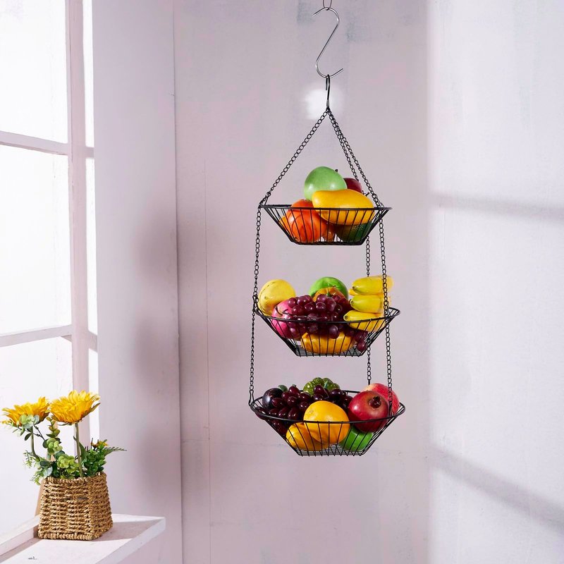 JUNCHU CHERRY 3-Tier Wire Fruit Hanging Basket 2 Packs,non-Punching Wall Hanging Storage,Kitchen Bathroom Organization Basket,Suitable for Bathroom,Kitchen,Closet,Garden,Black