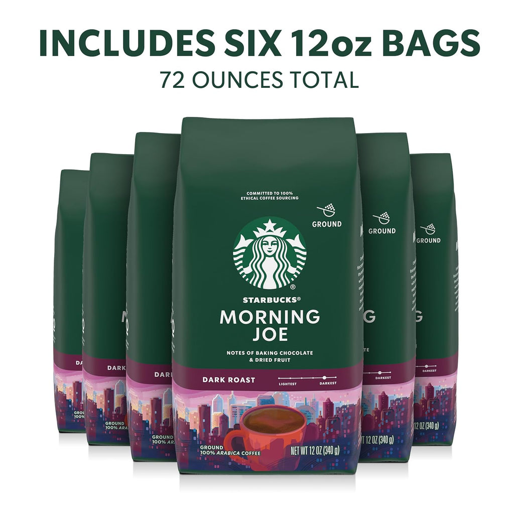 Starbucks Ground Coffee - Dark Roast for Hot or Iced Beverages | Six 12 oz Bags of Morning Joe