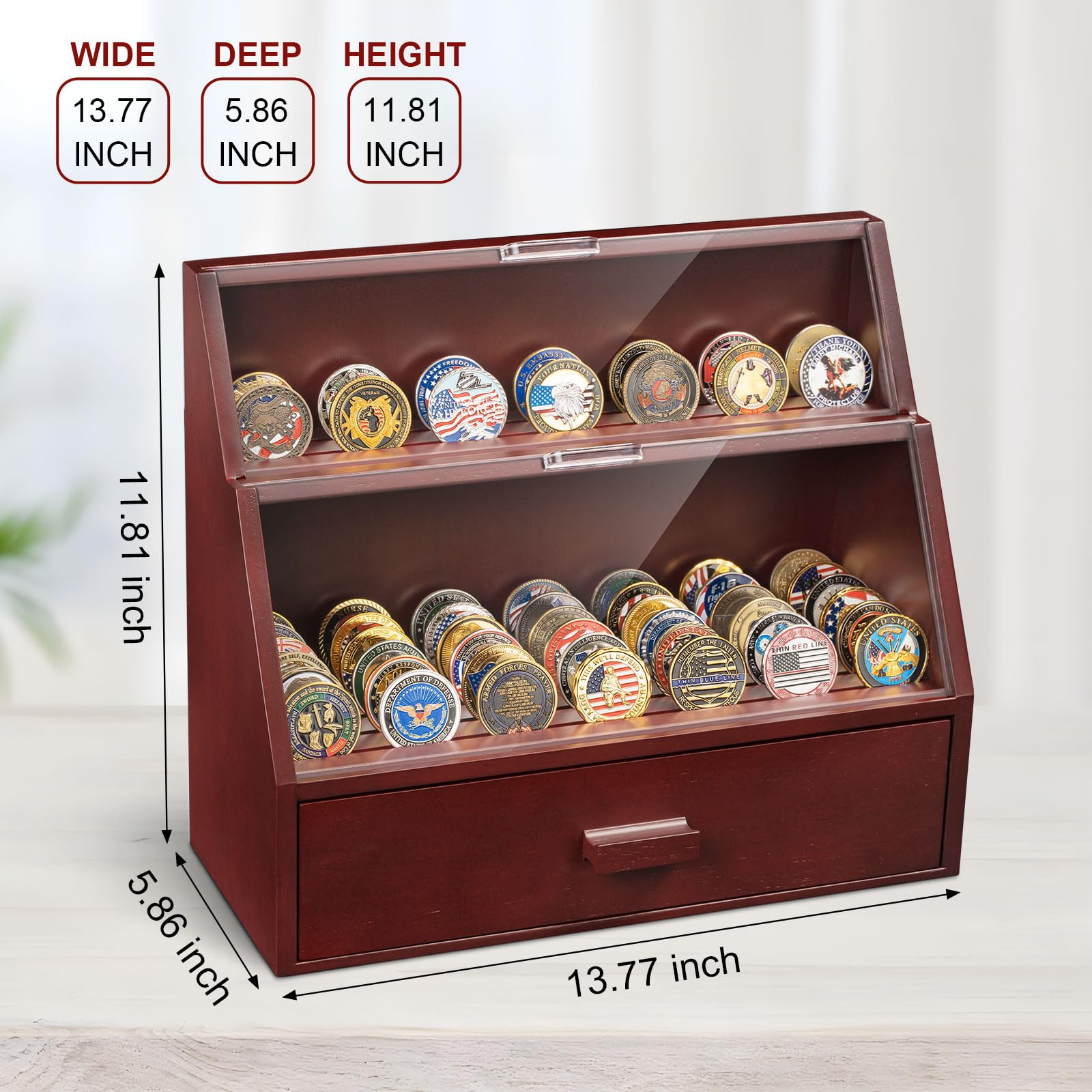 Miratino Challenge Coin Display Case 13 Row Military Coin Display Case Holds 100 Coins or Military Medals for Desktop, Solid Wood Challenge Coin Holder with HD Acrylic and Drawers, Mahogany