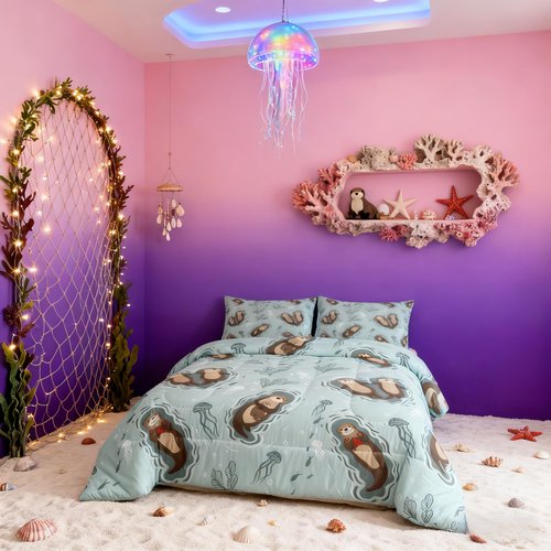 Manfei Cartoon Otters Boys Comforter Set Twin Size,Seaweed Jellyfish Sea Animals Bedding Set 2pcs for Kids Teens Home Room Decor,Ocean Lake Girly Quilt Set,Kawaii Teal Duvet Insert,1 Pillowcase