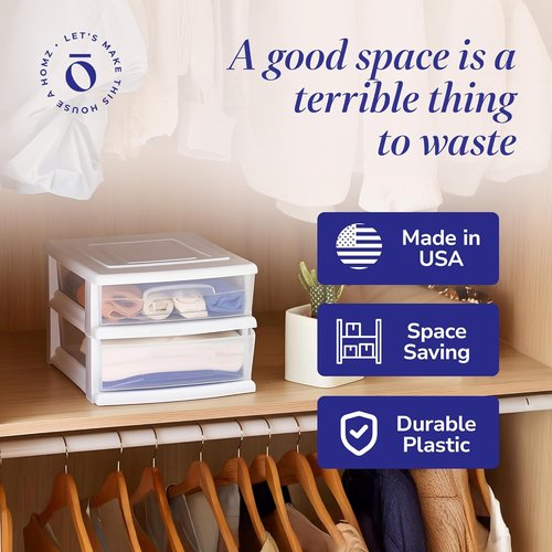 HOMZ 2-Pack Storage Cart - Clear Plastic Drawers, 14.25" Wide, White Frame | Ideal for Home & Office Organization