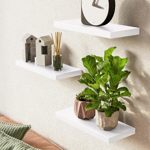 BAYKA Floating Wall Shelves - Rustic Wood Design for Bathroom, Bedroom & Living Room | Set of 3 (White, 15.7in)