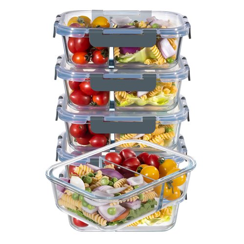 MFY 5-Pack 36 OZ Glass Storage Containers with Lids - 2 Compartment Meal Prep Set, Airtight Glass Lunch Containers, Microwave, Oven, Freezer & Dishwasher Safe, Gray