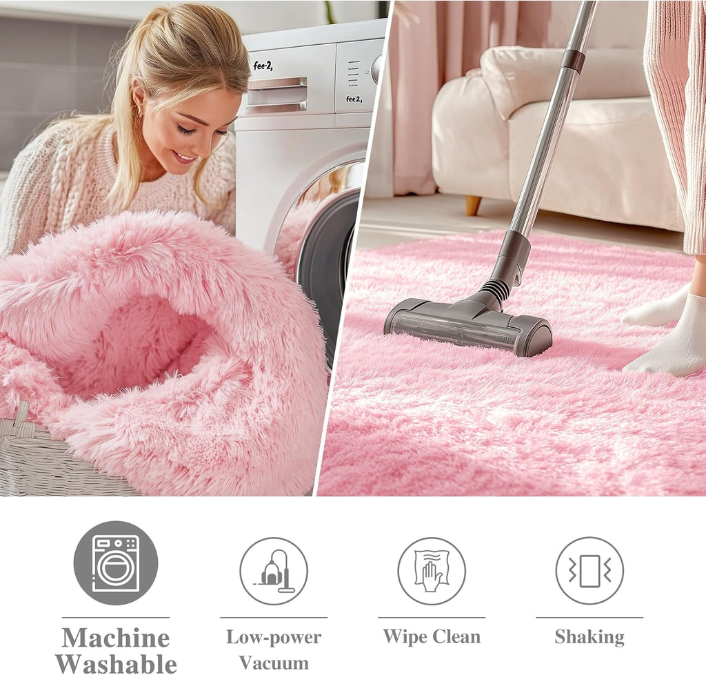 OLANLY Pink Round Area Rug - Soft, Fluffy, Machine Washable 2 ft Circle Carpet for Bedroom & Nursery Decor