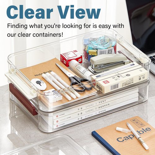 Clear Plastic Storage Box - 5.5qt Snap-Tight Latch Organizer | 4 Pack for A4 Files, Photos, Crafts