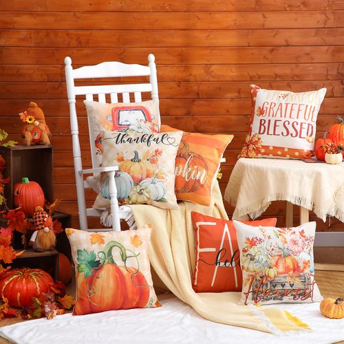 Flutesan 12 Pcs Fall Pillow Covers 18 x 18 Inch Hello Pumpkin Autumn Thanksgiving Decorations Throw Pillow Covers Square Cushion Case for Couch Sofa Outdoor Indoor Home Decor